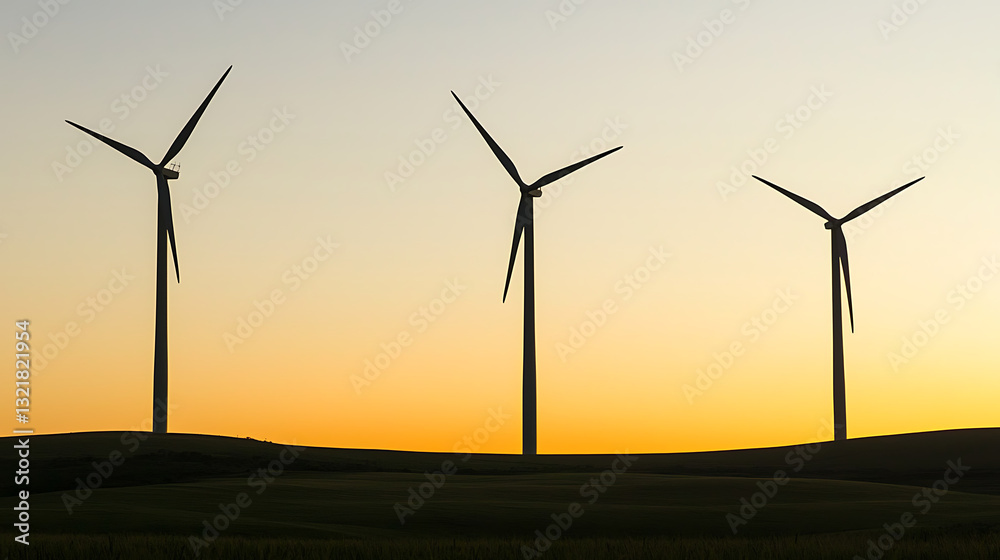 Obraz premium Three wind turbines are silhouetted against a beautiful sunset
