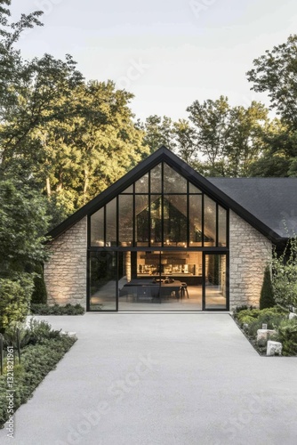 Modern architectural design of a house with large glass windows surrounded by trees in a serene atmosphere during evening light