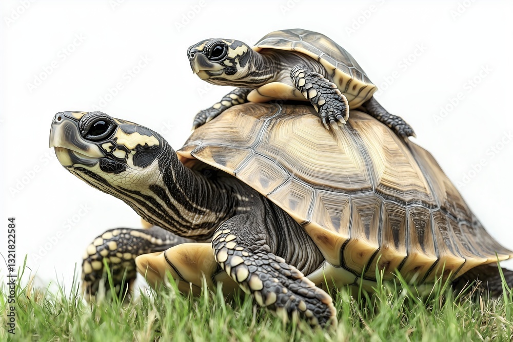 Fototapeta premium Small baby tortoise turtle riding on mother's back in green grass.