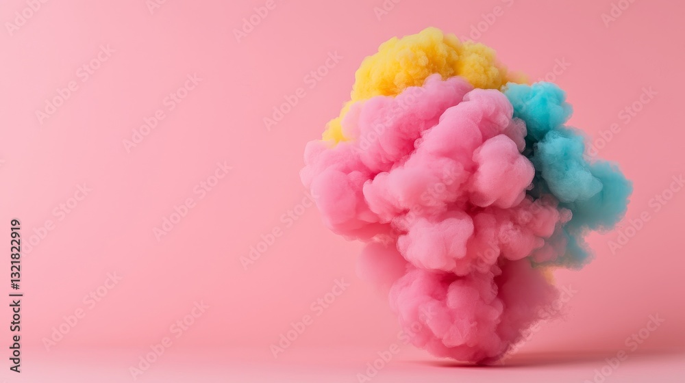 Fototapeta premium A colorful cloud of smoke in pink, yellow, and blue against a soft pink background, creating a whimsical and vibrant visual.