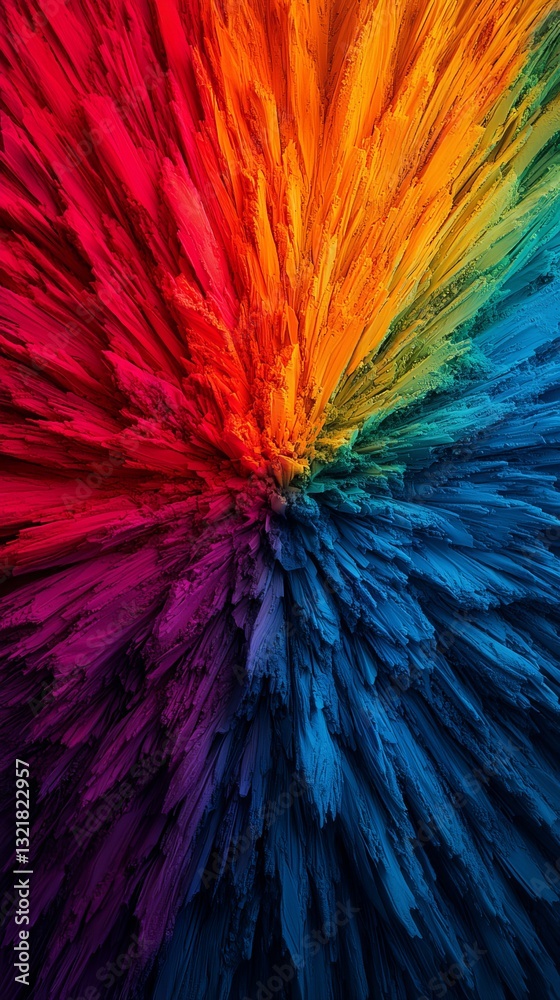 Obraz premium A vibrant explosion of colors radiates from the center, showcasing a spectrum from red to blue in a dynamic, artistic design.