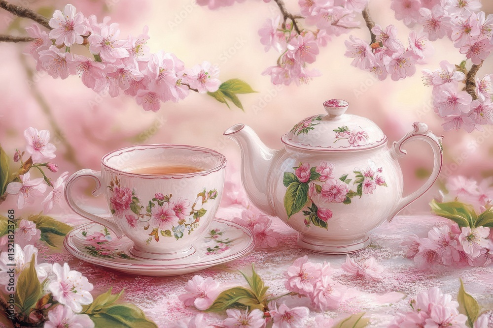 A pink and white teapot and cup set surrounded by blooming cherry blossoms for a serene and picturesque springtime tea setting illustration A pink and white teapot and cup set surrounded by blooming cherry blossoms for a serene and picturesque springtime tea setting illustration