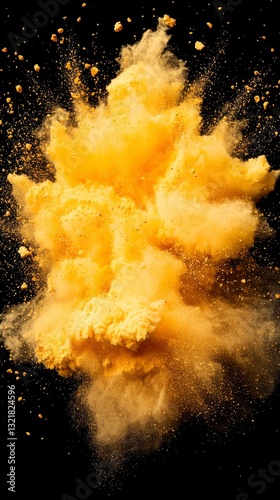 A vibrant yellow explosion of powder against a dark background, creating a dynamic and visually striking effect.