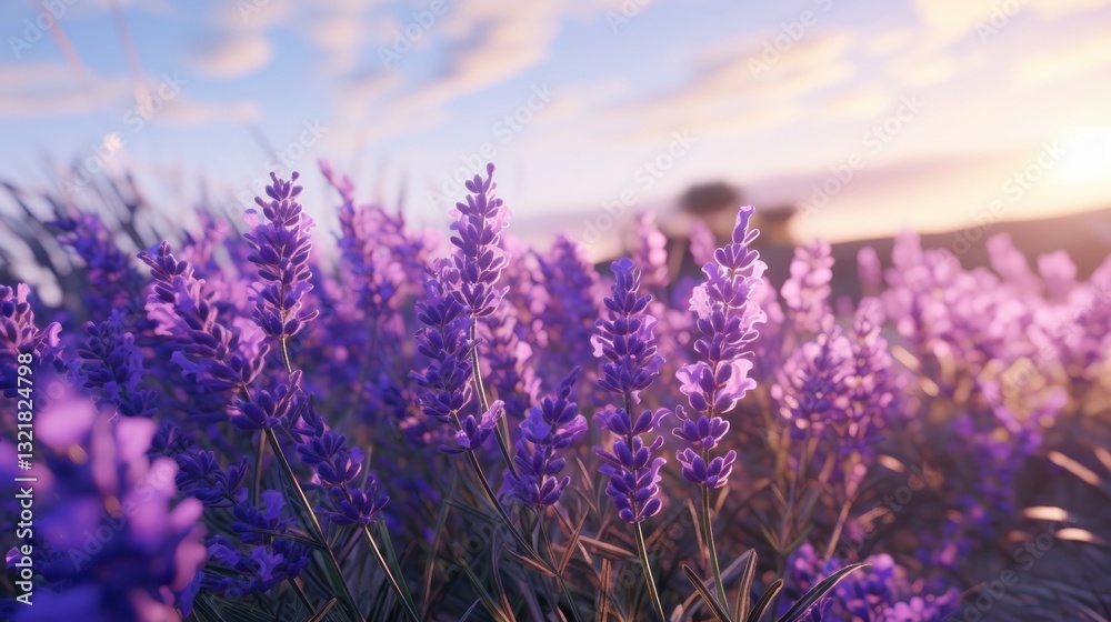 Fototapeta premium Lavender flowers in the mountains at sunset. Summer landscape.