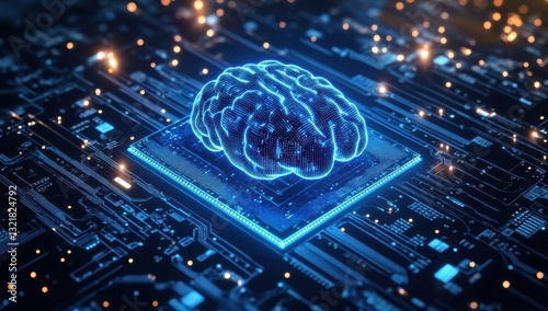 A glowing artificial brain integrated into a circuit board representing the futuristic concept of artificial intelligence machine learning and cutting-edge technology