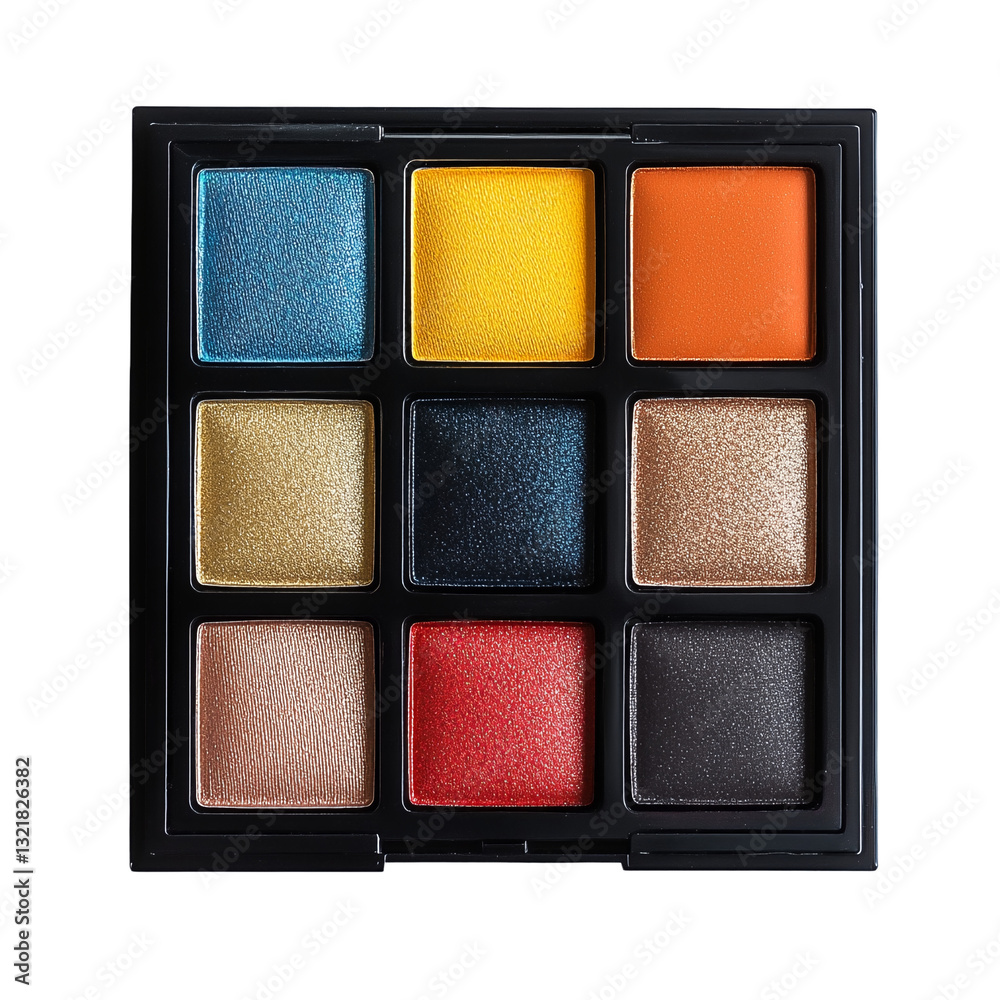 Fototapeta premium A palette of 12 vibrant eyeshadow colors, including blue, yellow, orange, gold, black, bronze, and red, arranged in an array of metallic shades.