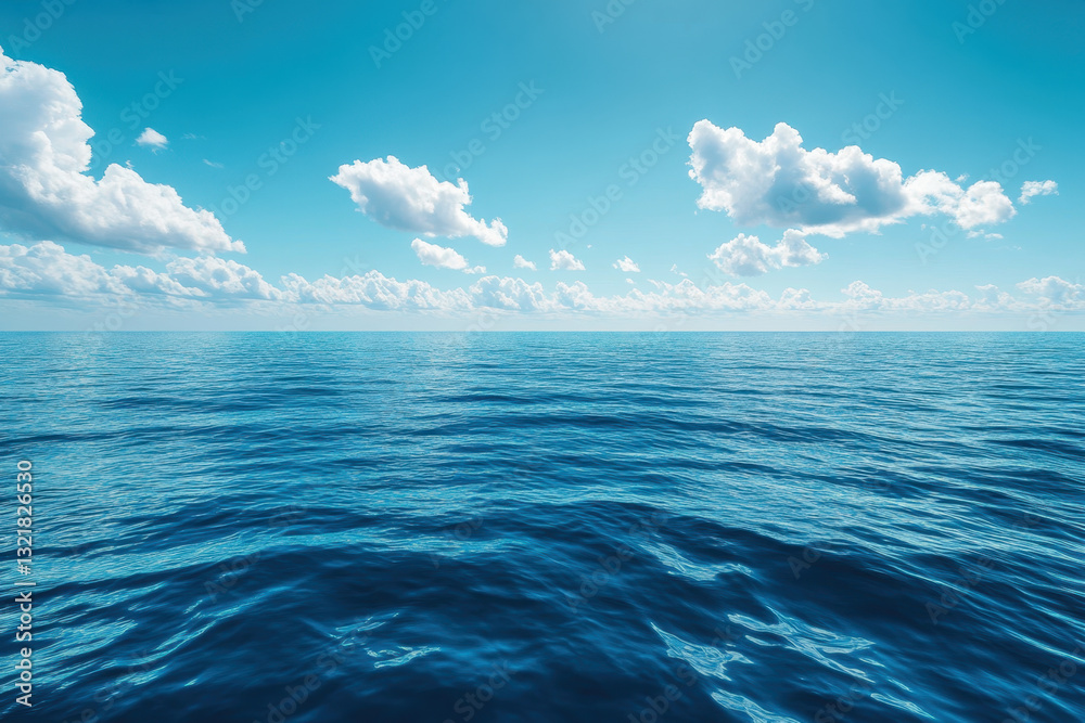 Fototapeta premium Blue ocean under bright sun, white clouds drift above, creating a serene seascape.