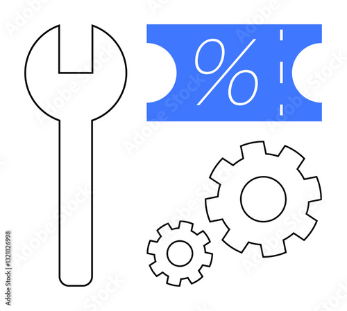 Wrench and gears next to a discount coupon with a percentage sign. Ideal for themes of maintenance, repair, discounts, engineering, promotions, optimization, and efficiency. Abstract line flat