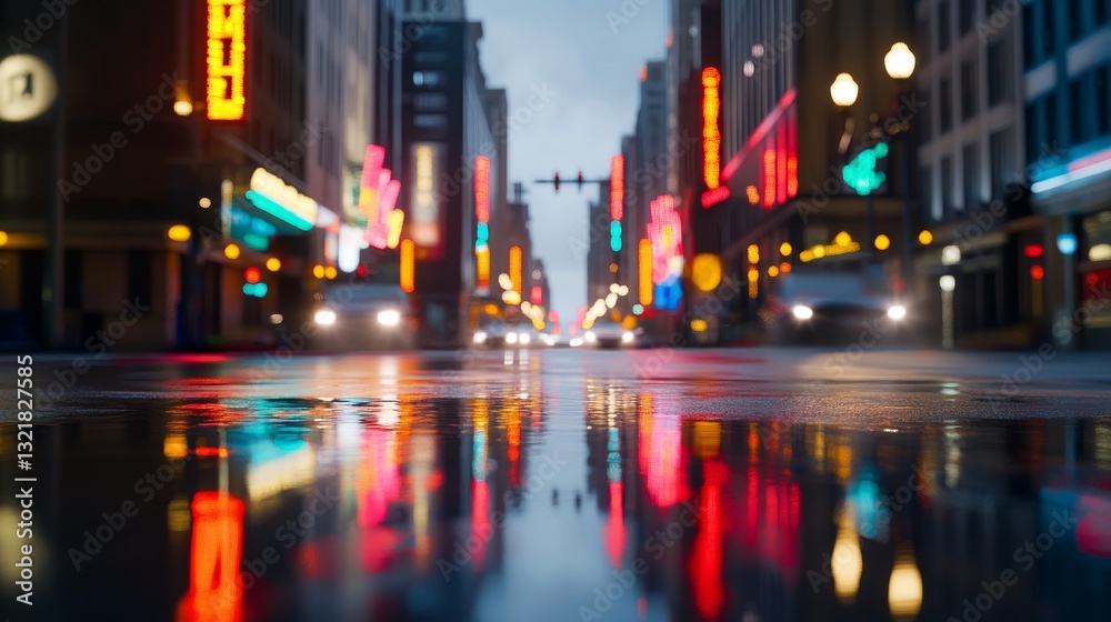 Vibrant city street at dusk with glowing neon signs reflecting on wet pavement, lively atmosphere Vibrant city street at dusk with glowing neon signs reflecting on wet pavement, lively atmosphere