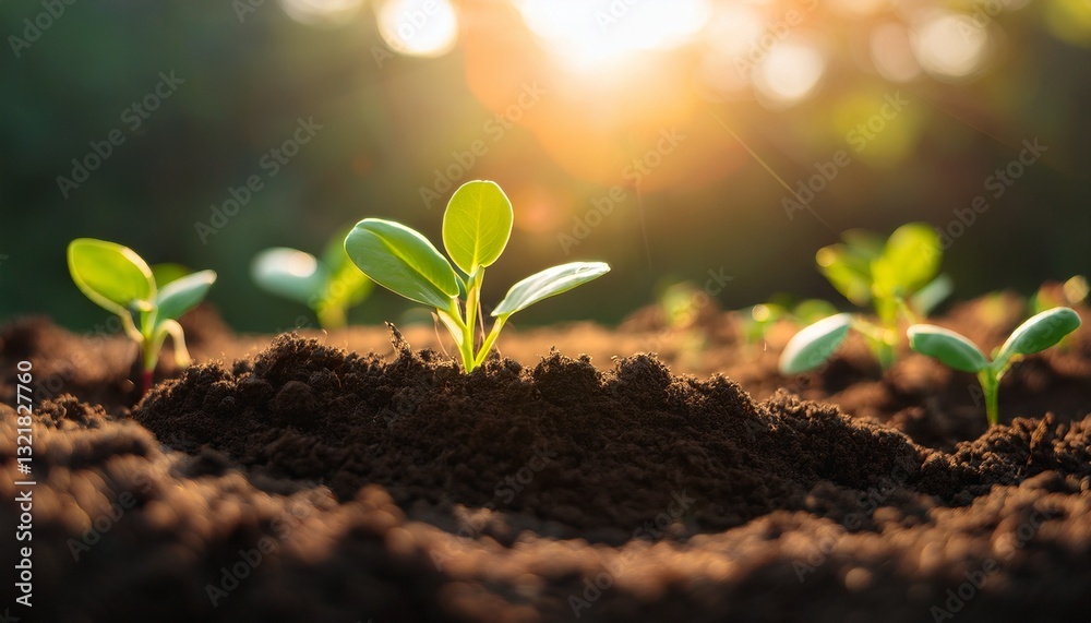 A detailed close-up shot of dark, fertile soil with young green plants and sprouting seeds, symbolizing growth and renewal. The texture of the soil is visible, and sunlight is gently filtering A detailed close-up shot of dark, fertile soil with young green plants and sprouting seeds, symbolizing growth and renewal. The texture of the soil is visible, and sunlight is gently filtering