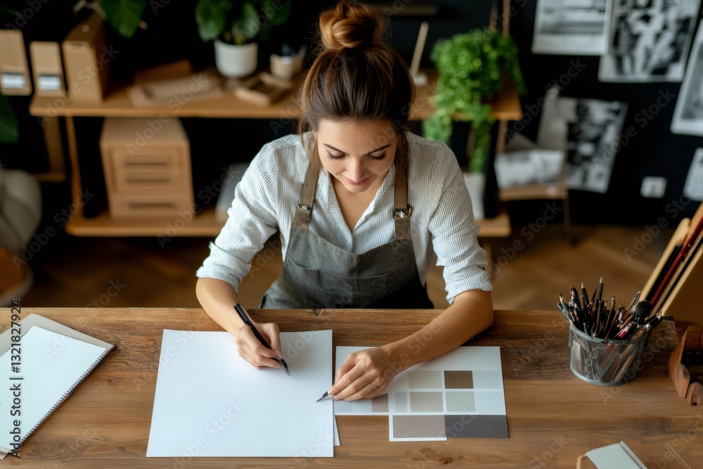 Female artist drawing using color palette in art studio Female artist drawing using color palette in art studio