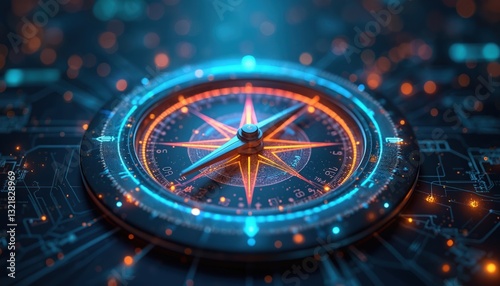 Wallpaper Mural Modern digital compass with glowing blue-orange lines, particles shows navigation tech. Futuristic design featuring cardinal directions. Concept for guidance, orientation, exploration, innovation, Torontodigital.ca