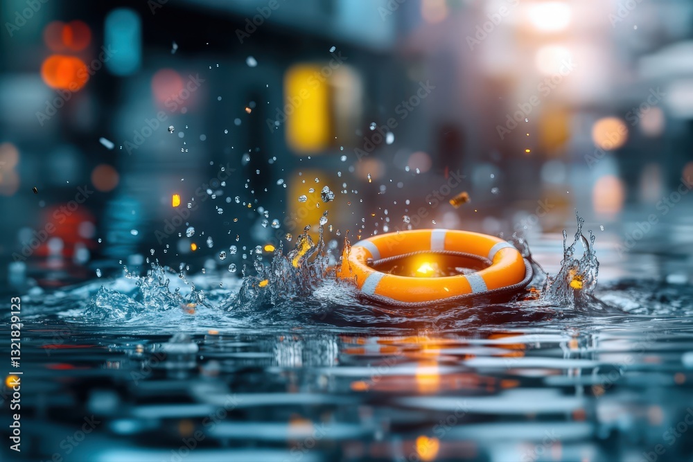 Fototapeta premium Urban Safety: Bright Orange Lifebuoy in Rainy Cityscape with Moody Reflections and Water Splashes