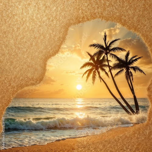Peaceful Tropical Sunset Through Sand Frame