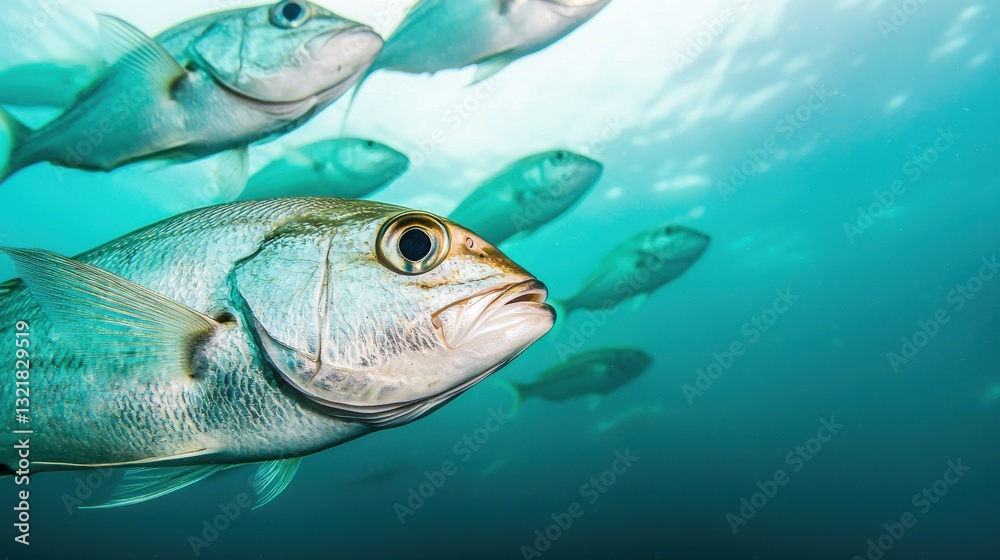 Fototapeta premium A close-up of a fish swimming among others in a vibrant underwater scene, showcasing vivid colors and textures of marine life.