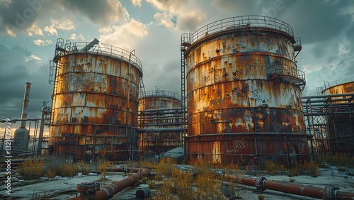 Abandoned Industrial Landscape with Rusty Storage Tanks: Weathered Structures Surrounded by Overgrown Weeds and Cracked Concrete