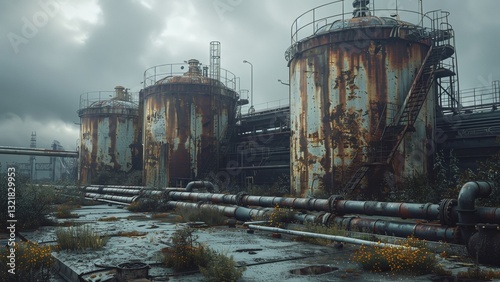 Abandoned Industrial Landscape with Rusty Storage Tanks: Weathered Structures Surrounded by Overgrown Weeds and Cracked Concrete