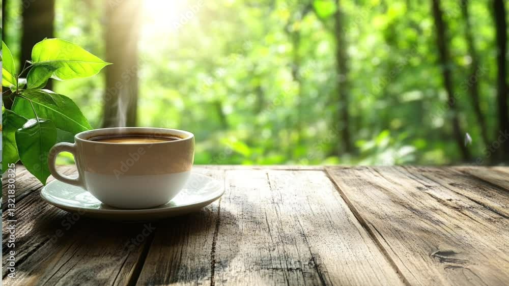 A steaming cup of coffee rests on a rustic wooden table, bathed in sunlight with a lush green forest backdrop. Perfect for relaxation, tranquility, and morning themes. seamless looping time-lapse A steaming cup of coffee rests on a rustic wooden table, bathed in sunlight with a lush green forest backdrop. Perfect for relaxation, tranquility, and morning themes. seamless looping time-lapse