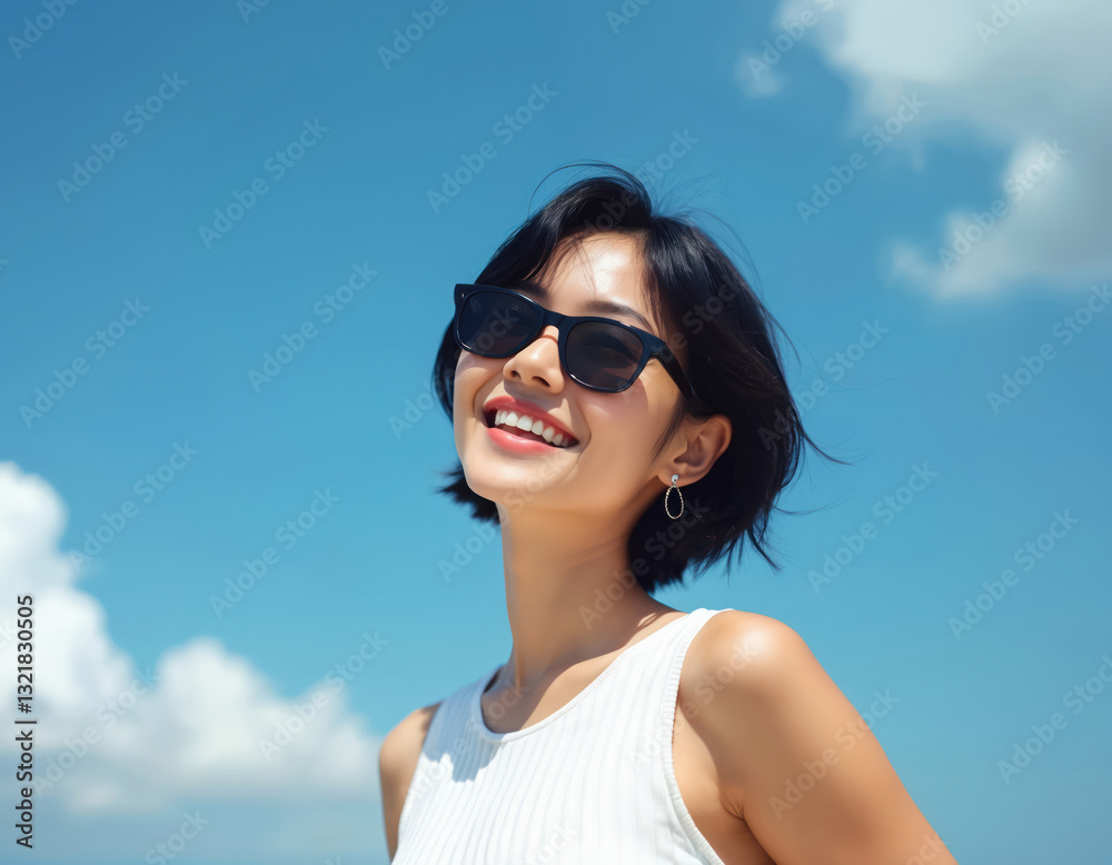 Happy Asian woman with short hair in sunglasses. Beautiful smiling model in casual white sleeveless shirt looks at camera against blue sky. Sunny summer day freedom vibe. Happy Asian woman with short hair in sunglasses. Beautiful smiling model in casual white sleeveless shirt looks at camera against blue sky. Sunny summer day freedom vibe.