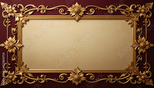 An ornate vintage gold frame with a light beige textured center and maroon background.
