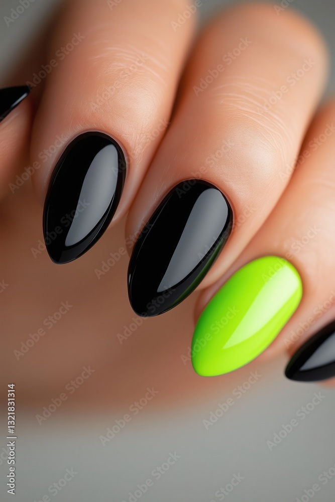 Close-up view of black and neon green manicure with sharp tips on hand Close-up view of black and neon green manicure with sharp tips on hand