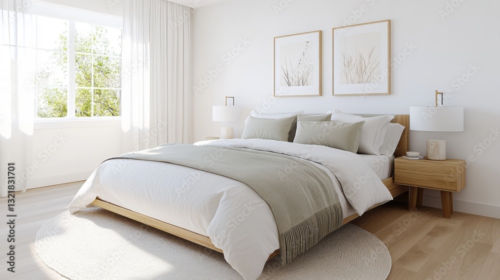 Obraz premium A Scandinavian-style bedroom with minimalist design in mint, soft pink, and cream tones, featuring a modern bed, neutral linens, light wood details, and abundant natural daylight, expressing refined s