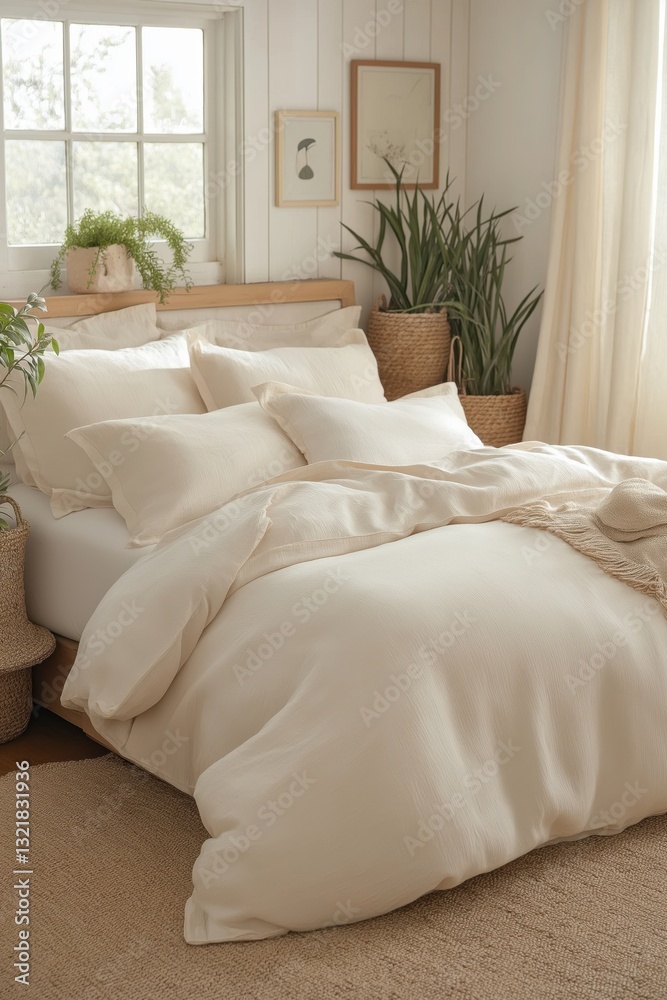 Fototapeta premium Cozy bedroom interior featuring beige bedding, pillows, and potted plants. Warm, inviting atmosphere with natural light