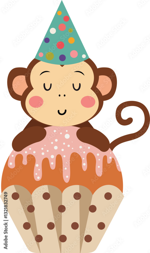 Naklejka premium Happy birthday monkey with cupcake