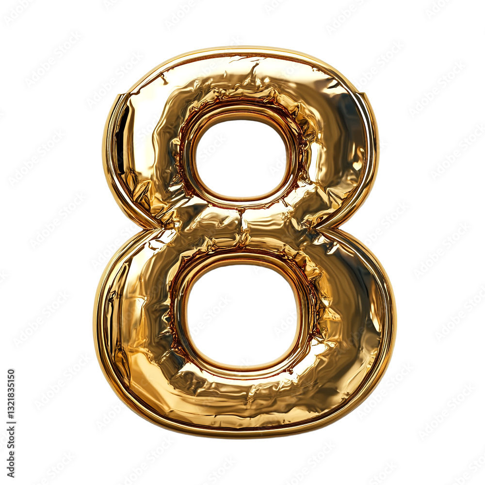 The image shows a gold-colored balloon in the shape of the number 8. The image shows a gold-colored balloon in the shape of the number 8.