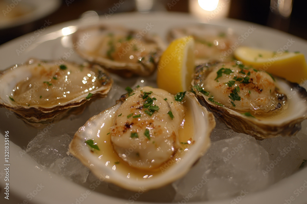 Plate of oysters with lemon wedges and parsley, beautifully presented. Plate of oysters with lemon wedges and parsley, beautifully presented.