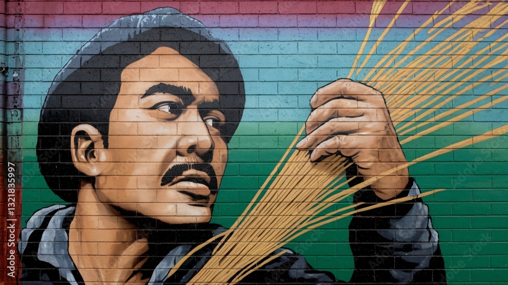 Obraz premium Mural of a Man Harvesting Wheat on a Brick Wall