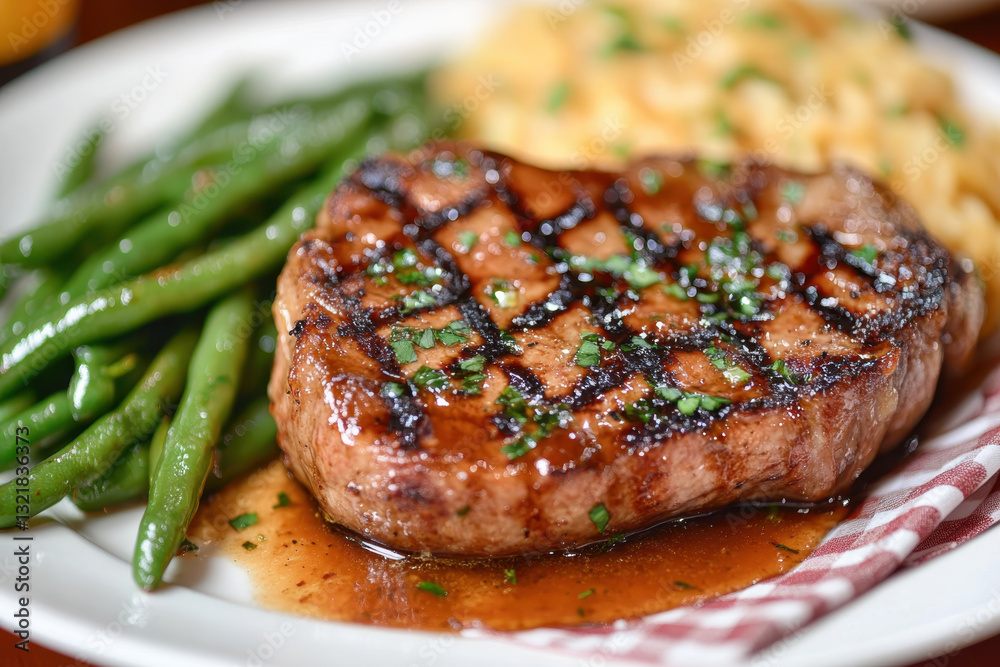 Plate with meat and green beans, garnished with herbs, sit on a wooden table under soft lighting. Plate with meat and green beans, garnished with herbs, sit on a wooden table under soft lighting.