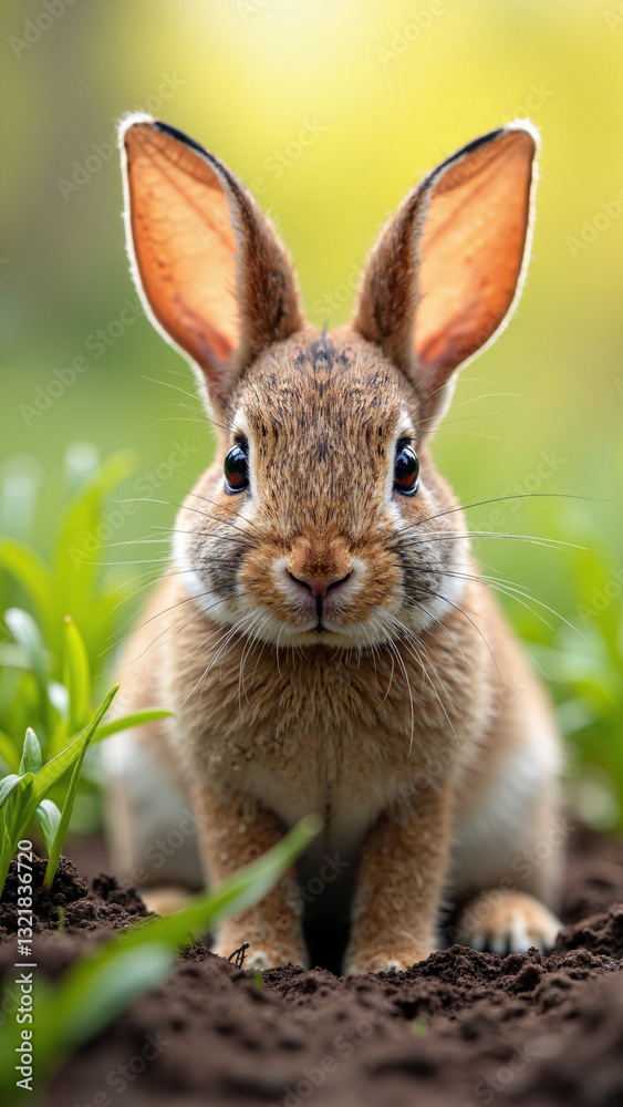 Capture the enchanting beauty of rural life with a close-up photograph of a baby wild rabbit at its burrow, perfect for Springtime promotions. Capture the enchanting beauty of rural life with a close-up photograph of a baby wild rabbit at its burrow, perfect for Springtime promotions.