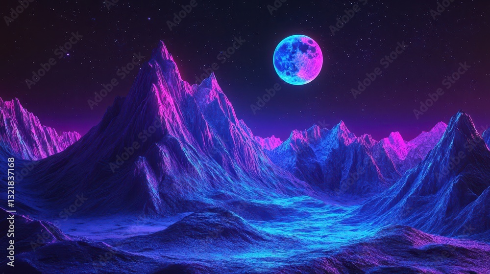 Fototapeta premium Vibrant Neon Mountains Under a Cosmic Sky at Night with a Futuristic Landscape
