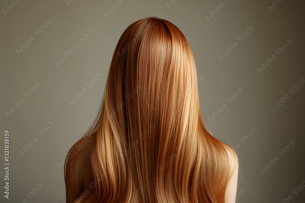 Fototapeta premium Emanating elegance, long red hair cascades down a person’s back, showcasing smooth and shiny strands