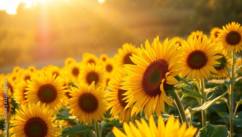 Fototapeta premium A photography of a sunflower field capturing the vast expanse of yellow blossoms under a bright summer sky.