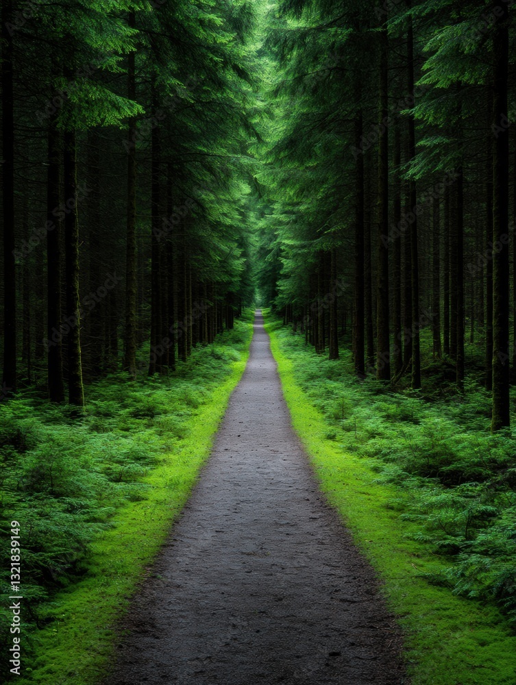 Obraz premium Eco-Wellness Journey Verdant Forest Trail Showcasing Biophilic Design, Mindful Nature Tourism, and Sustainable Environmental Preservation Strategies
