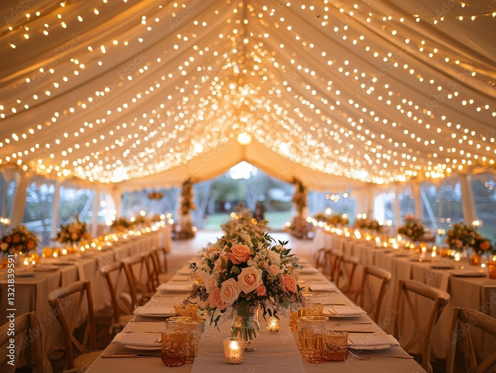 Elegant wedding reception tent aglow with festive string lights and floral decorations