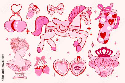Carousel collection of whimsical, coquette clipart, cute, y2k, coquette aesthetic, bows clipart, ,vintage,RETRO,AESTHETIC,nostalgia, Highland cow, strawberries, cherries with heart, Heart locket