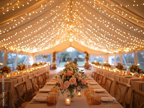 Obraz na płótnie Elegant wedding reception tent aglow with festive string lights and floral decorations w salonie