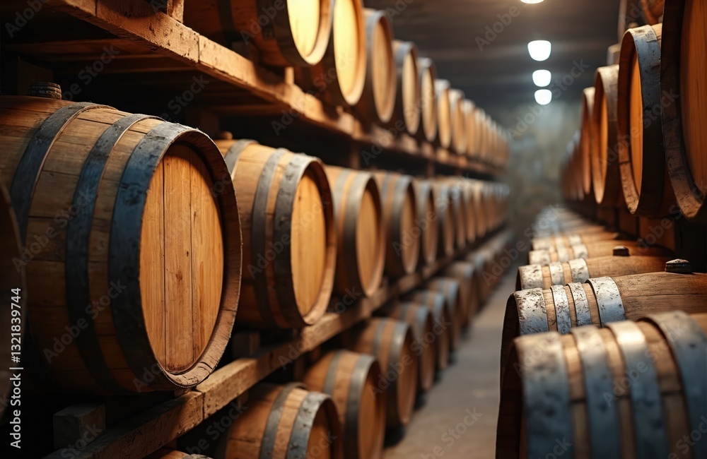 Close-up of bourbon aging in wooden barrels stacked in cellar. Distillery warehouse with stored alcohol. Oak cask rows perspective. Fermentation process for high quality bourbon production. Alcohol Close-up of bourbon aging in wooden barrels stacked in cellar. Distillery warehouse with stored alcohol. Oak cask rows perspective. Fermentation process for high quality bourbon production. Alcohol