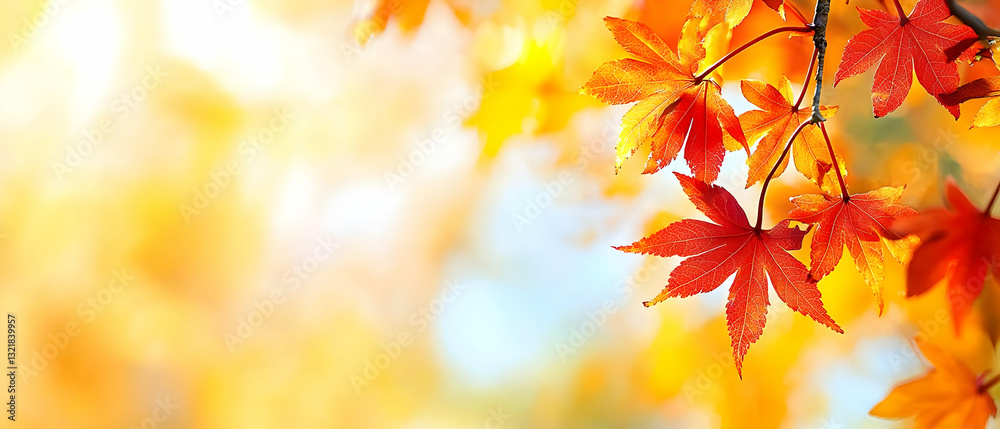 Vibrant Red Orange And Yellow Maple Leaves On A Branch In Autumn With A Warm Blurred Background Vibrant Red Orange And Yellow Maple Leaves On A Branch In Autumn With A Warm Blurred Background
