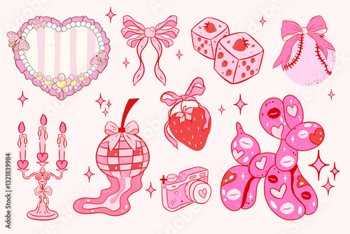 collection of whimsical, coquette clipart, cute, y2k, coquette aesthetic, bows clipart, ,vintage,RETRO,AESTHETIC,nostalgia, dice, heart frame., strawberries, cherry, candle clipart, ribbon, retro 