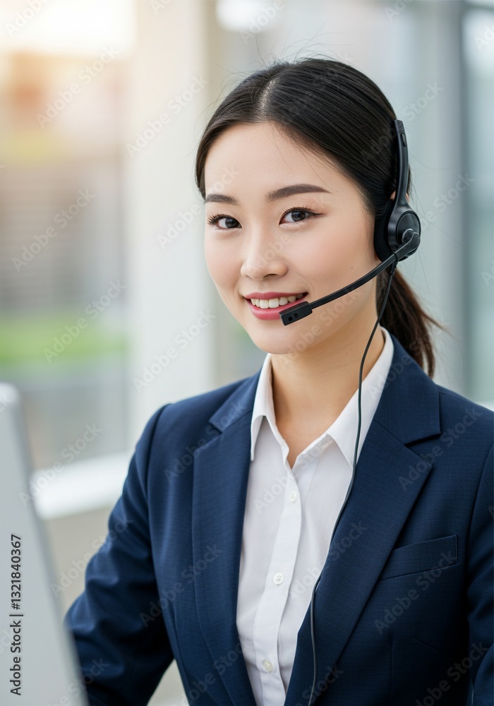 Beautiful young Asian woman using microphone as Customer service or public service operator in company Beautiful young Asian woman using microphone as Customer service or public service operator in company