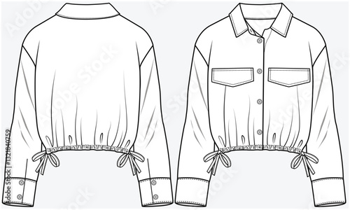 CROP LENGTH DROP SHOULDER WOVEN SHIRT WITH FLAP POCKET AND SIDE TIE UP DETAIL DESIGNED FOR TEEN AND KID GIRLS IN VECTOR ILLUSTRATION FILE