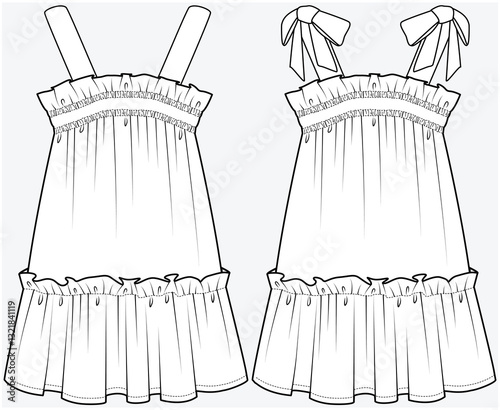 TIERED SUNDRESS WITH SHOULDER TIE UP DETAIL DESIGNED FOR TEEN AND KID GIRLS IN VECTOR FILE