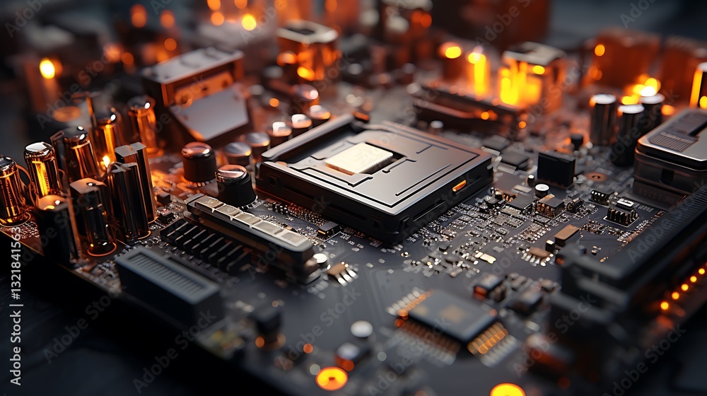 Close-up view of a computer motherboard, showcasing intricate circuitry and components. The image highlights the complex technological design and functionality of modern computing hardware. Close-up view of a computer motherboard, showcasing intricate circuitry and components. The image highlights the complex technological design and functionality of modern computing hardware.