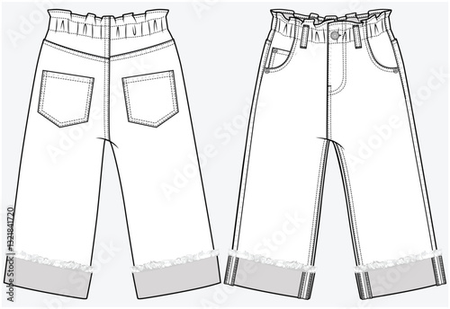 LOOSE FIT STRAIGHT DENIM JEANS WITH PAPER BAG WAIST AND  FRAYED TURN UP HEMLINE DETAIL DESIGNED FOR KID GIRLS TWEEN GIRLS AND TODDLER GIRLS IN VECTOR FILE