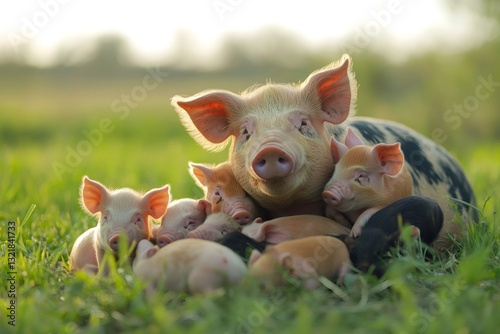 Piglets resting near their mother on a farm at sunset
