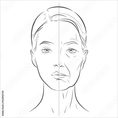 Woman’s face sketch, line vector drawing illustration, youth and age female. Minimalist black-and-white design in realistic style, perfect for skincare ads, anti-aging campaigns, beauty concept